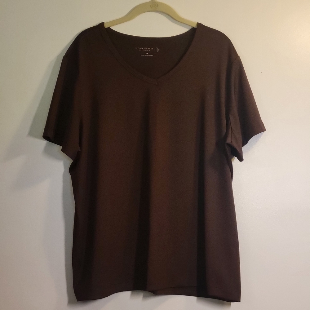 Susan Graver Essentials Butterknit V-neck Short Sleeve T-shirt Brown 1X